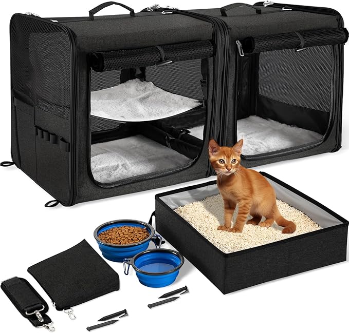 Suertree Large Cat Carrier for 2 Cats with Zipper Locks, Double Cat Carrier with Travel Litter Box, Soft Pet Travel Carrier for Cats and Small Dogs Up to 45 Lbs, Black