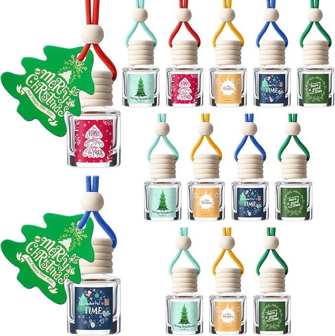 Boao 30 Pcs Christmas Employee Appreciation Gifts Hanging Car Air Freshener Diffuser Bottles Bulk Empty Perfume Glass Bottle Pendant with Christmas Tree Cards & Stickers for Essential Oil Fragrance
