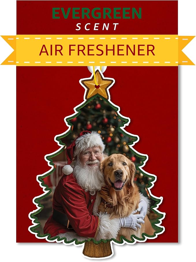 Santa with Golden Retriever Air Freshener – Evergreen Scent - Cute Dog Car Freshener & Holiday Decoration - Pet Friendly, Non-Toxic, Long-Lasting Scent - Great Gift for Pet Lovers - Designed in USA
