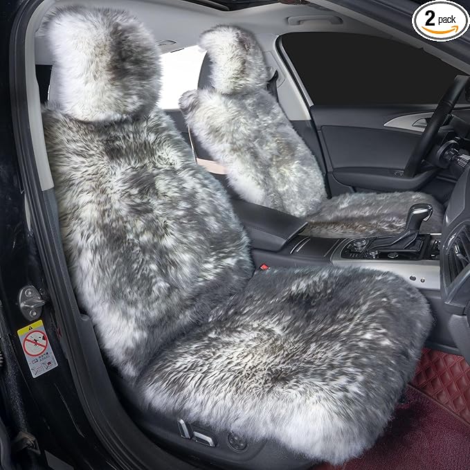 OGLAND 2 Pack Fluffy Sheepskin Car Seat Cover-Fuzzy Fur Auto Cushion for Universal Automotive Protector (Wolf Tipped, 2 Pcs Front Seat Cover)