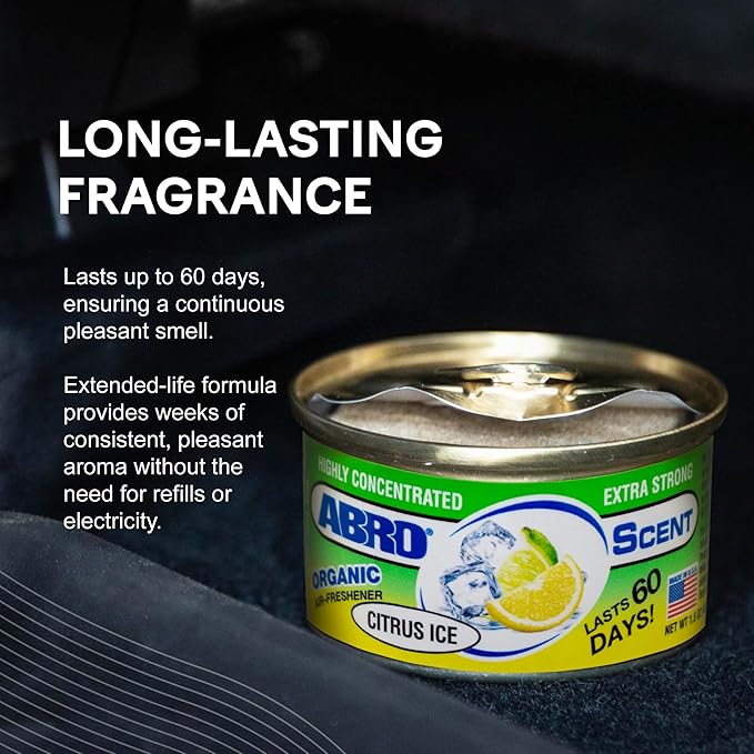 ABRO Car Air Fresheners: Canned, Spill Proof Airfreshener for Home, Office, or Car Accessories Interior, Lasts Up to 60 Days - 3 Pack Citrus Scent