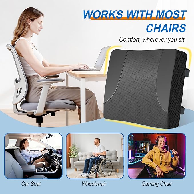 Lumbar Support Pillow for Car: Ergonomic Memory Foam Lumbar Pillow for Long Drives, Lower Back Support for Pain Relief, Dual Adjustable Straps, Back Cushion for Car Seat, Office Chair - Black