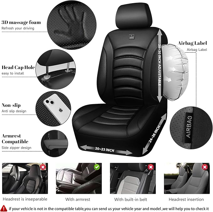 CAR PASS 3D Foam PU Leather Car Seat Covers, Universal Seat Covers Full Sets for Trucks SUV Sedan Automotive Seat Covers Armrest Airbag Compatible Waterproof Comfortable Faux Nappa Leather Pure Black
