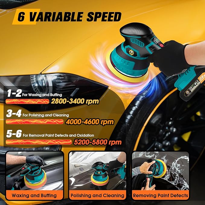 Cordless Car Buffer Polisher kit [2x 2000mAh 21V Batteries & 18 PCS Attachments] 6-Speed Orbital Design, LED Display, Lightweight Detailing Tool for Waxing, Polishing & Scratch Removal-Blue