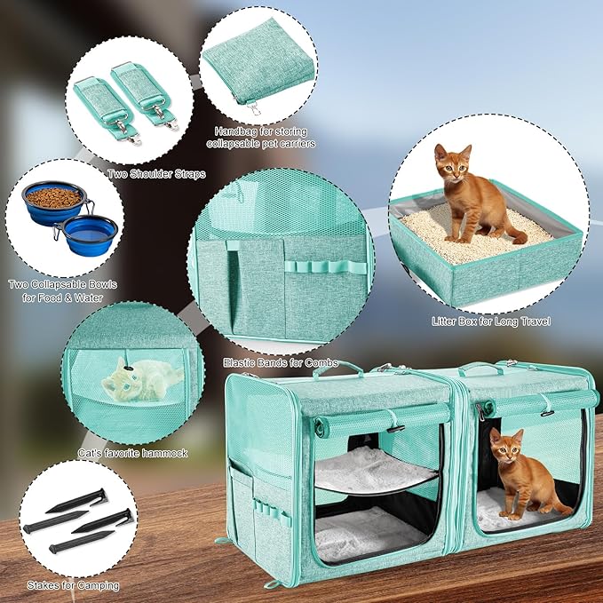 Suertree Large Cat Carrier for 2 Cats with Zipper Locks, Double Cat Carrier with Travel Litter Box, Soft Pet Travel Carrier for Cats and Small Dogs Up to 45 Lbs, Green