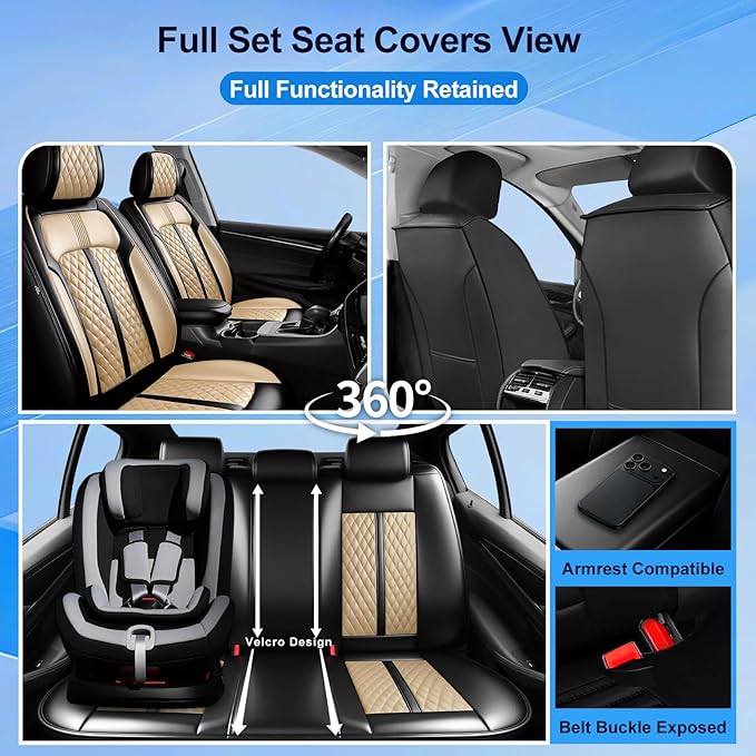 Fit Civic Car Seat Covers for Honda Civic 2020-2026 Sedan(Not for Coupe) - Premium Full Coverage Leather, Waterproof All Weather Breathable Seat Cushion Protector, Front Pair Black+Beige