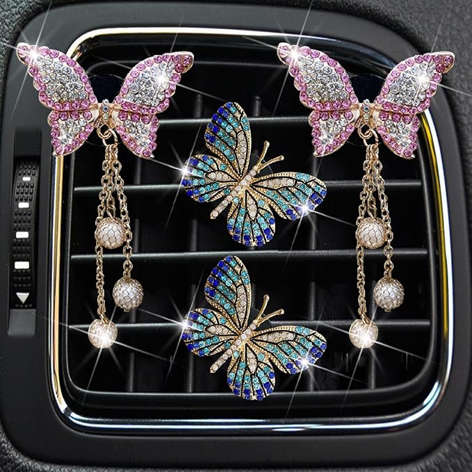 Blue and Pink Butterfly Air Vent Clip Accessories Air Conditioning Outlet Clip Car Air Freshener Dashboard Accessories Charm Car Inter Decor Cute Interior Accessories for Women (4 Pcs)