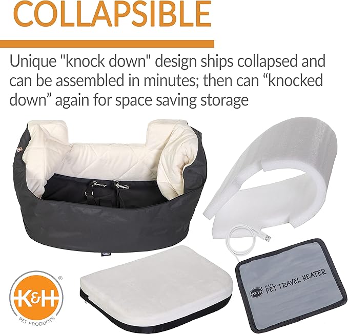 K&H Pet Products Bucket Booster for Small & Medium Dogs - Washable Heated Car Seat with Safety Leashes - Charcoal/Cream