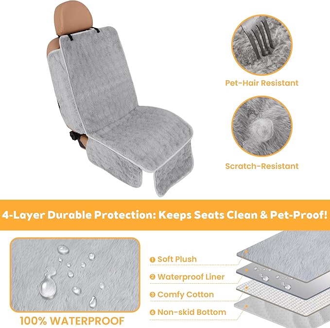 Dog Car Seat Cover for Back Seat & Front Seat, Plush Faux Fur Pet Car Seat Protector with Waterproof Layer, Non-Slip Bottom, Side Flaps, Machine Washable (Front Seat Gray)