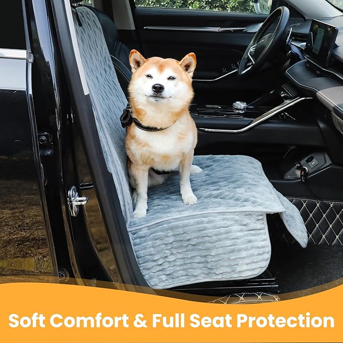 Dog Car Seat Cover for Front or Back Seat, Soft Flannel Pet Car Seat Protector with Waterproof Layer, Non-Slip Washable Dog Car Bed Mat for Travel (Bluegrey Front Seat)