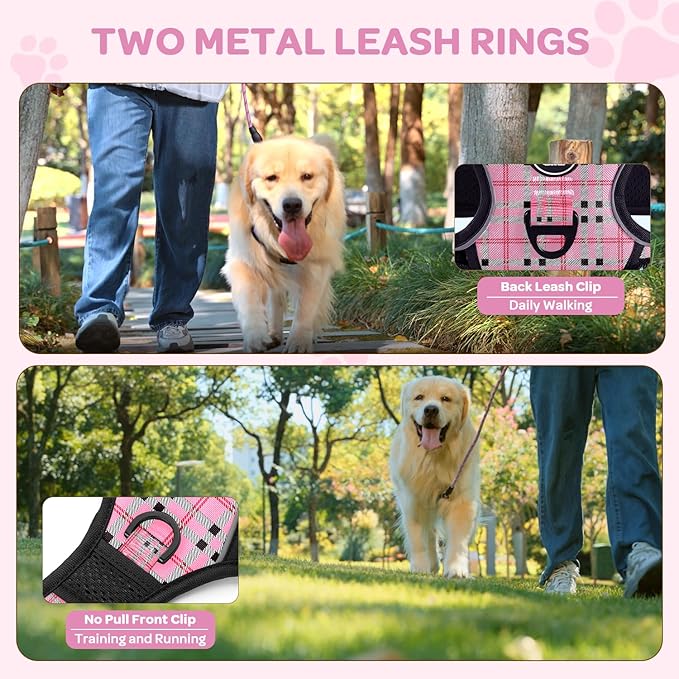 FURRYFECTION Plaid Dog Harness for Large Dogs, Reflective No Pull Adjustable Pet Vest with Front Clip, Leash, Easy Control Handle and Seat Belt, Pink&Black, L