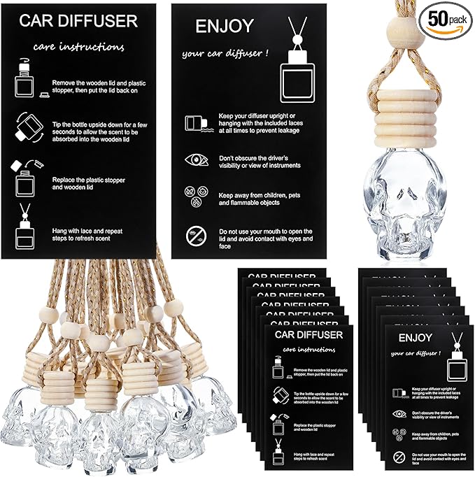 Boao 50 Sets Halloween Skull Hanging Car Air Freshener Diffuser Bottles with 2 x 3.54 Inch Car Diffuser Instructions Cards for Empty Essential Oil Bottles(Black Card,Skull)