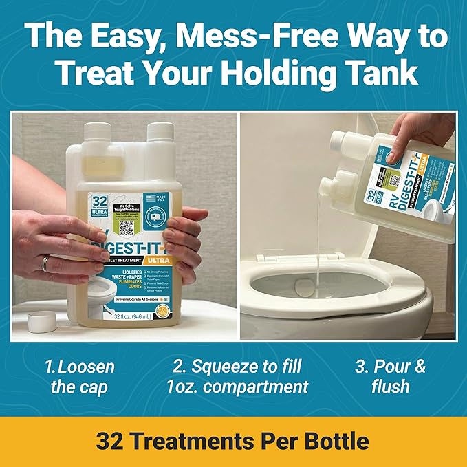 Unique RV Digest-It Ultra RV Toilet Treatment, 32 Uses, Super Concentrated - Eliminates Smells and Liquifies Waste, Easy-Measure Extra-Strength Preventive Bio-Enzymatic Holding Tank Treatment (32 oz)