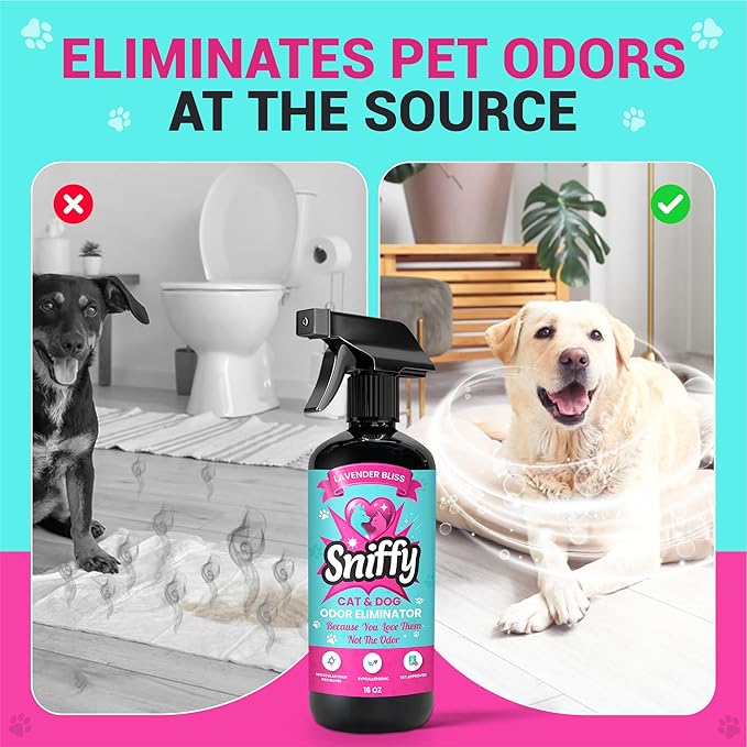Sniffy Pet Odor Eliminator Spray Lavender Enzymatic Cleaner for Dog & Cat Urine, Litter Boxes, Carpets & Furniture, Hypoallergenic, Fabric-Safe, Vet-Approved, 2x16 oz Twin Pack, Made in USA