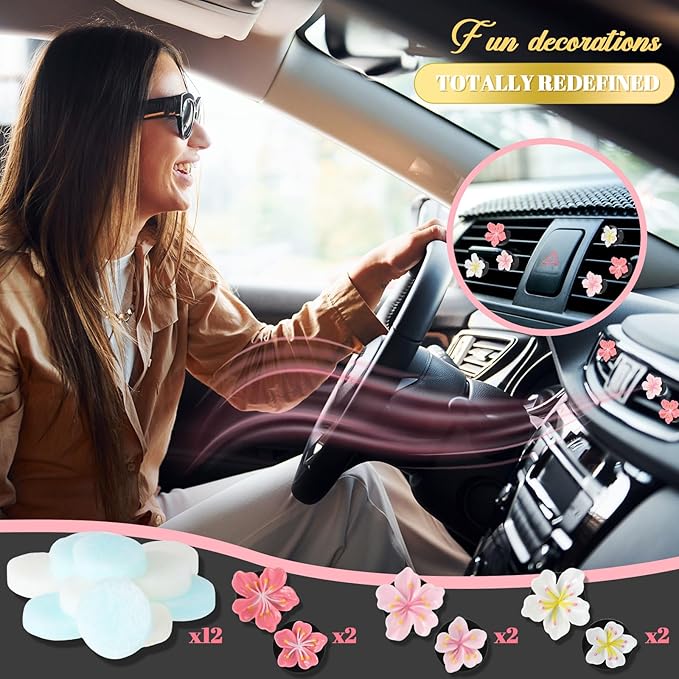 Timtin 12Pcs Cute Car Air Freshener Vent Clips Flower Air Vent Clips for Fresheners Pink Hawaiian Hibiscus and Cherry Blossom Car Accessories Aesthetic Interior Decor for Women Peach Blossom