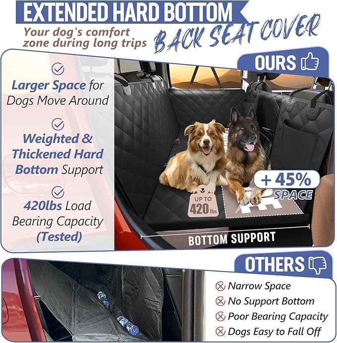 Back Seat Extender for Dogs Truck-Large Space, Dog Pet Seat Cover Back Seat Hard Bottom Holds 420lb, Waterproof Dog Hammock for Crew Cab Trucks F150, RAM1500, Sierra, Tundra, Silverado, Black