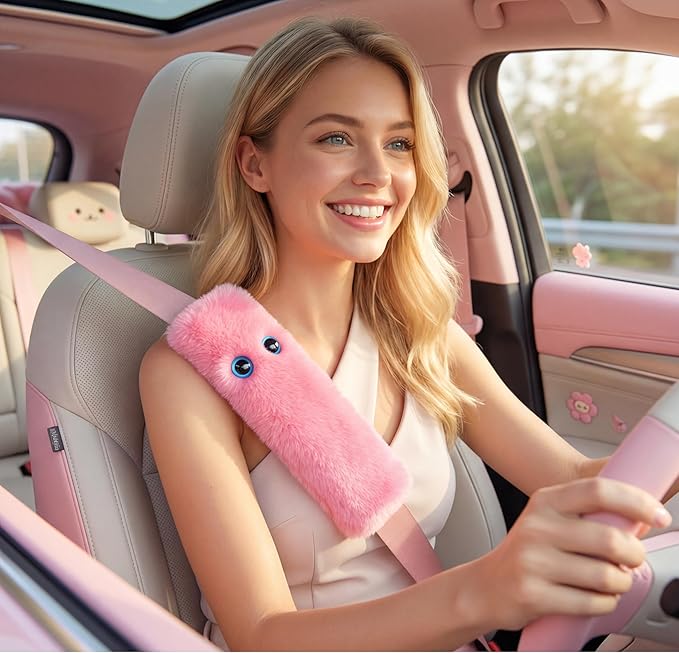 Pink Cat Eyes Seat Belt Strap Cover Pad, Cute Funny Interior Car Accessories Decor, for Auto Car Truck Pickup 2026, Artificial Soft Wool, Fluffy Shoulder Neck Cushion Protector, 2 PCS