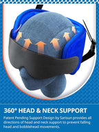 Travel Pillows for Airplanes, Airplane Pillow with 3D Eye Mask for Sleeping, 360° Support Headrest for Long Flight, Road Trip, Stop Bobblehead Travel Essential Airplane Sleep Head Strap, Blue