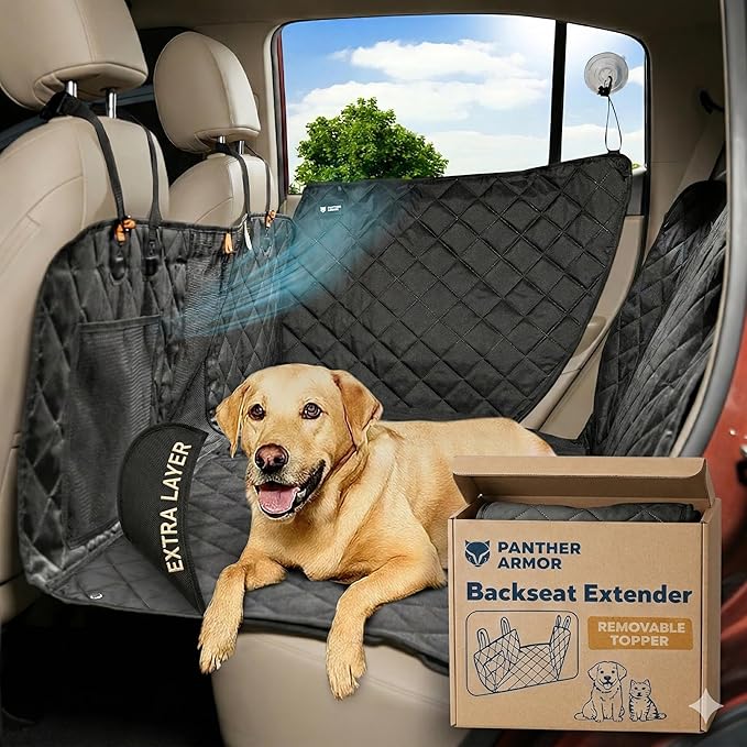 Panther Armor Hard Bottom Backseat Extender for Dogs, Dog Car Seat Cover with 2 Door Protectors, Foldable 8-Panel Dog Hammock, Waterproof Bench Seat Protector, Washable Topper