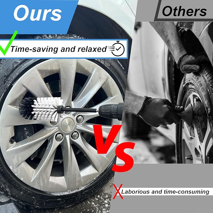 Wheel Brush Kit, Soft Drill Wheel Cleaner Brush, No Scratches Highly Dense Car Cleaning Brush Set for Wheels, Rims, Engines, Exhaust(White/Black,2Pcs)