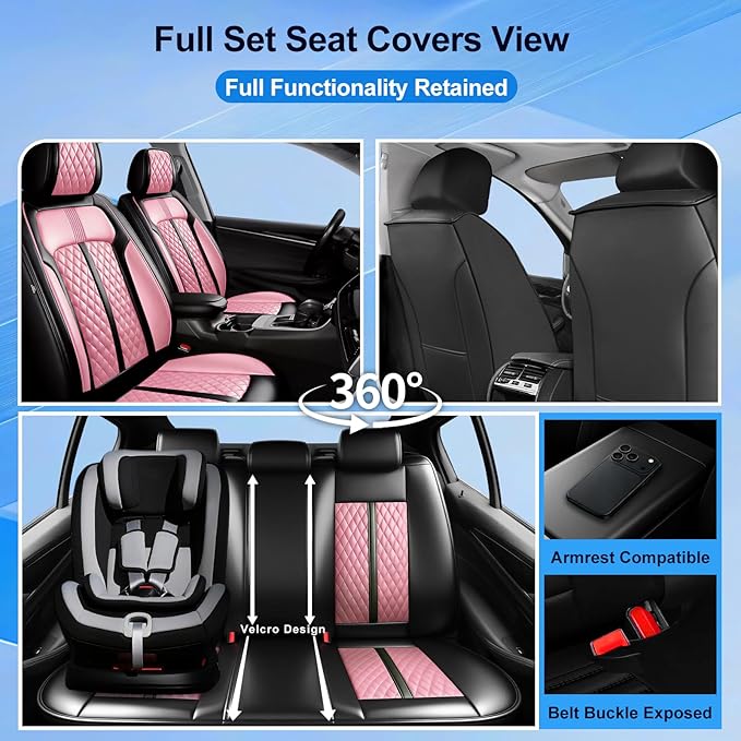Fit CX-50 Car Seat Covers for Select Mazda CX50 2023-2026, Premium Full Coverage Leather, Airbag Compatible, Waterproof All Weather Seat Protector, Front Pair Black+Pink