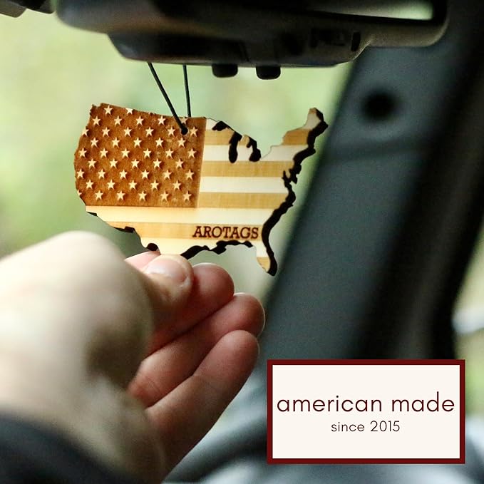 Arotags Reusable Wood Car Air Freshener, Beach Bum Scent, USA Flag Design, Hanging Diffuser with Fragrance Oil Refill