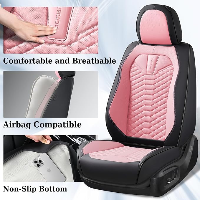 Coverado Car Seat Covers, Front Seat Cover, Waterproof Nappa Leather Seat Covers for Cars, 2 Pack Car Seat Protectors, Car Seat Cushion, Automotive Seat Covers Universal Fit for Most Cars (Black&Pink)