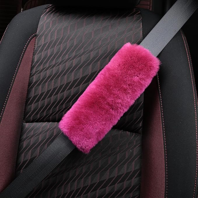 Soft & Cozy Australian Sheepskin Car Seat Belt Covers,2 Pack Fluffy Seatbelt Pads, Genunie Sheepskin Fur Shoulder Straps Cushions for Adults Kids Women and Men (Rose Red)