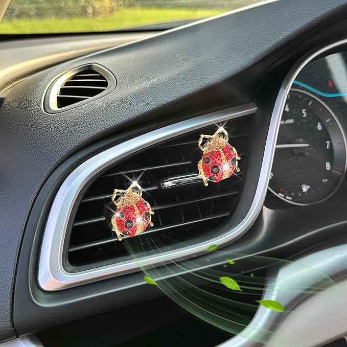 Ladybug Car Accessories,2pcs Red Lady Bug Air Vent Clips Cute Car Air Freshener,Bling Rhinestone Car Decor for Women,Refillable Outlet Diffusers
