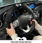 Car Headrest Pillow & Steering Wheel Cover Set with Cute Big-Eyed Furball Travel Neck Support Pillow Fur Car Interior Accessory (Black Ring Cover)