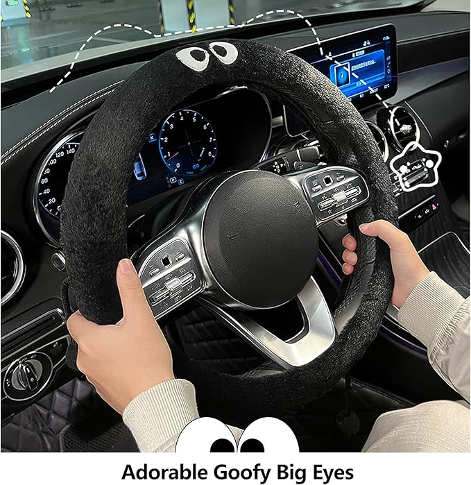 Car Headrest Pillow & Steering Wheel Cover Set with Cute Big-Eyed Furball Travel Neck Support Pillow Fur Car Interior Accessory (Black 3Pcs Set)