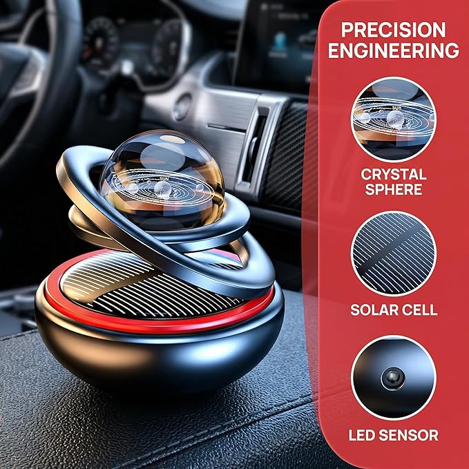 Petraero Solar Levitating Car Ornament & Air Freshener – Dual-Ring Auto-Rotating Aromatherapy Diffuser, Light-Sensing LED, Cool Dashboard Decor for Car/Truck/Desk (black)