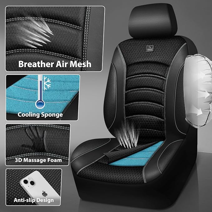 CAR PASS Comfortable 3D Foam Mesh Leather Car Seat Covers Front, Air Cool Mesh Breathable Front Seat Covers for Car, Universal Fit for SUV Truck Sedan Automotive, Airbag Compatible,Black Gray