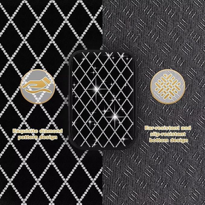 Bling Center Console Cover with 2 Side Pockets Fit for RAV4 Multi-Functional Car Armrest Cushion Diamond-Studded Rhombus Pattern Style(Black&Silver Diamond)