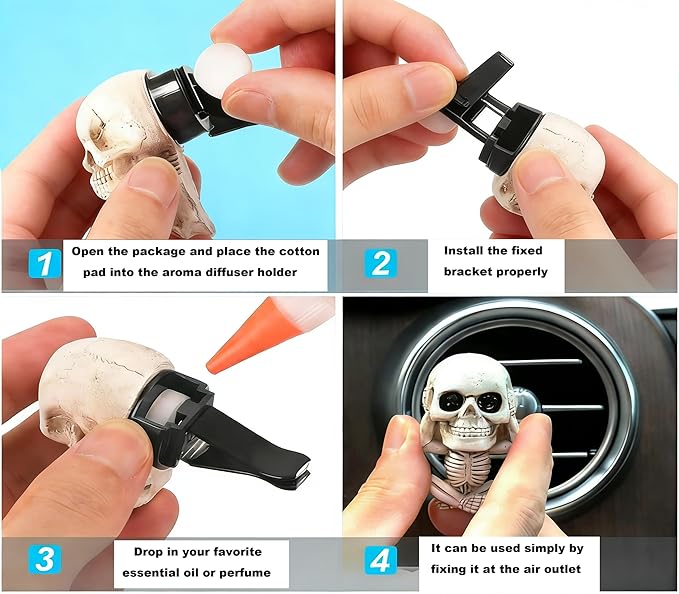 Skull Car Air Freshener Vent Clips with 3 Felt Pads - Gothic Horror Scented Decor for Car Interior, Cool Halloween Skull Accessories for Men and Women, Funny Spooky Gift for Teens-A1