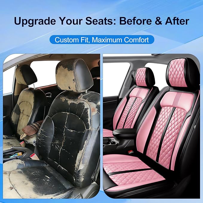 Fit Trax Car Seat Covers for Chevrolet/Chevy Trax 2015-2026, Premium Full Coverage Leather, Waterproof All Weather Seat Protector, Airbag Compatible, Scratch Resistant, Full Set, Black+Pink