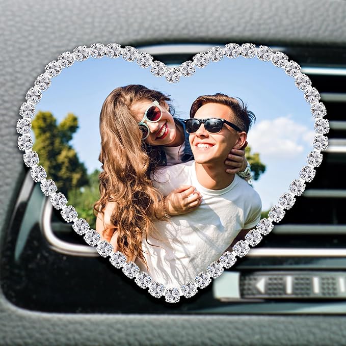 Personalized Car Air Freshener with Photo – Custom Rhinestone Vent Clip & Heart-Shaped Acrylic Picture Frame for Car Interior Decoration Accessories (White, One Size)