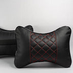 Set of 2 Quilted Faux Leather Car Headrest Pillow, Black Case/Red Threading, Ergonomic Neck Support for Comfortable Driving (Black Base/Red Thread)