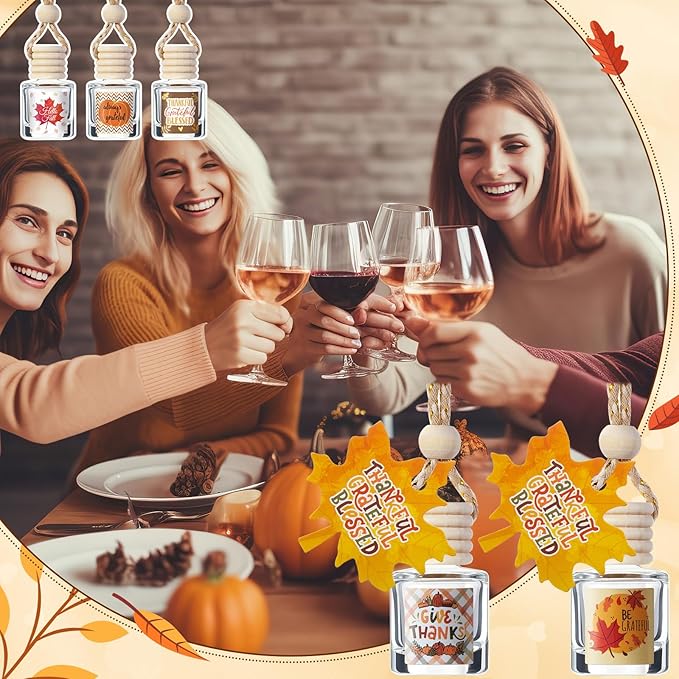 Boao 15 Pcs Thanksgiving Hanging Car Air Freshener Diffuser Bottles Empty Bulk Fall Perfume Glass Bottle Pendant Refillable with Maple Leaves Cards & Stickers for Essential Oil Fragrance Ornament