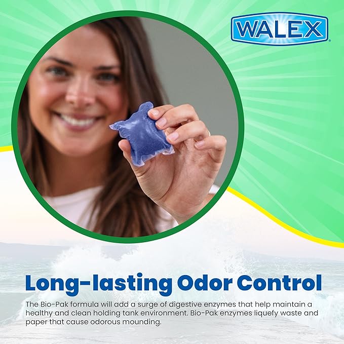 Walex Bio-Pak Black Holding Tank Deodorizer & Waste Digester Drop-Ins - Advanced Enzyme Formula for Rapid Breakdown of Waste & Paper, Removes Odors & Cleans Tank, Biocide Free - Mint, 50-Pack
