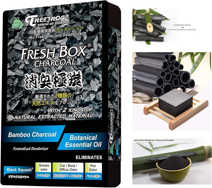 Treefrog Fresh Box Charcoal Black Squash Scent 2-Pack Car Air Freshener, Natural Activated Extracted Material, Black, Bamboo Charcoal, 200g. Captures, Eliminates Odors, and Freshens Air