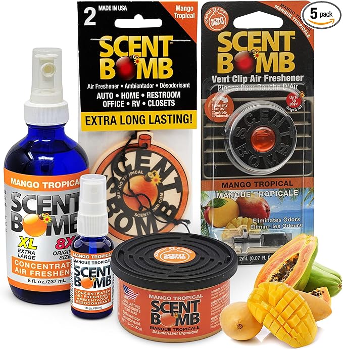 Scent Bomb Air Freshener Bundle - 1 oz & 8 oz Bottle Sprays, Vent Clip, Organic Cans, Hanging Circle - Continuous Freshness & Long-Lasting Odor Eliminator for Car, Home, Bathroom - Mango Tropical