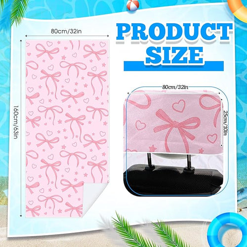2 Pack Car Seat Towel Covers with Storage Bag 63 x 32 Inch Athletic Running Towel Seat Sweat Washable Non Slip Cover Gift for Car Outdoor Sport Activities (Pink Bow)