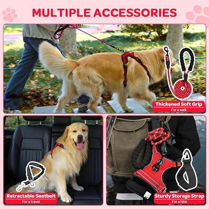 FURRYFECTION Plaid Dog Harness for Large Dogs, Reflective No Pull Adjustable Pet Vest with Front Clip, Leash, Easy Control Handle and Seat Belt, Red, L