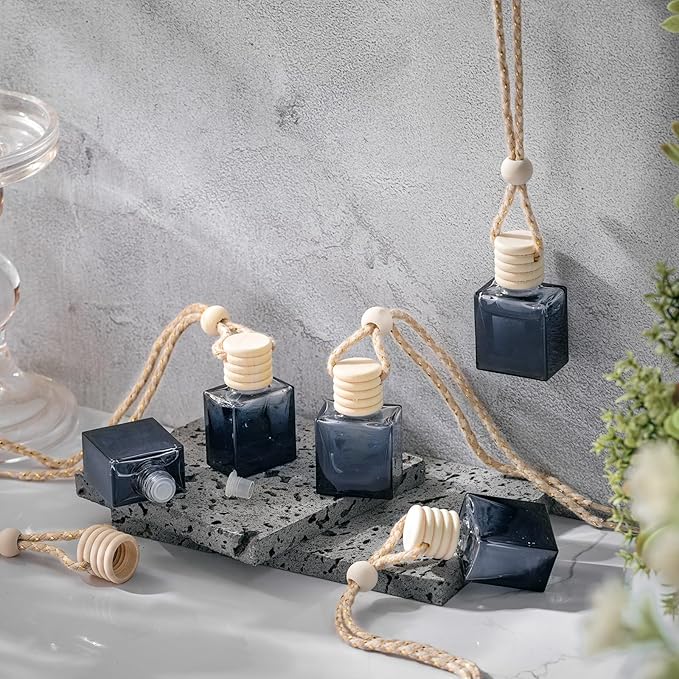 50 Pcs Black Car Air Freshener Hanging Bottle Empty Glass Diffuser Bottles Perfume Bottle Refillable Car Air Freshener Pendant Aromatherapy Fragrance Vials Bottles Ornament(Cube)