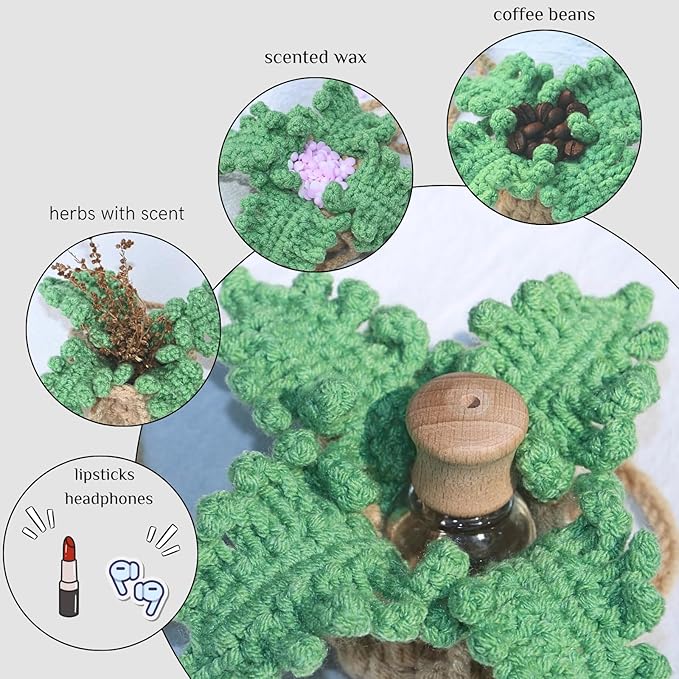 Handmade Crochet Car Air Freshener - Adorable Bendable Fern Plant with 8ml Empty Refillable Oil Diffuser Bottle, Suitable for Car Rearview Mirror Hanging, Home & Office Decor