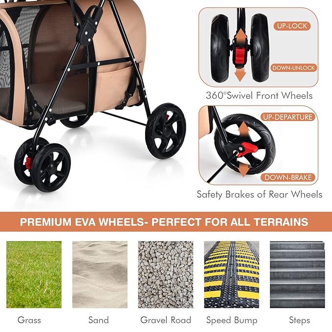 Giantex Double Pet Stroller with 2 Detachable Carrier Bags, Safety Belt, 4 Lockable Wheels, Folding Cat & Dog Stroller for Small Medium Pets, Cats Dogs Puppy Travel Strolling Cart (Beige)