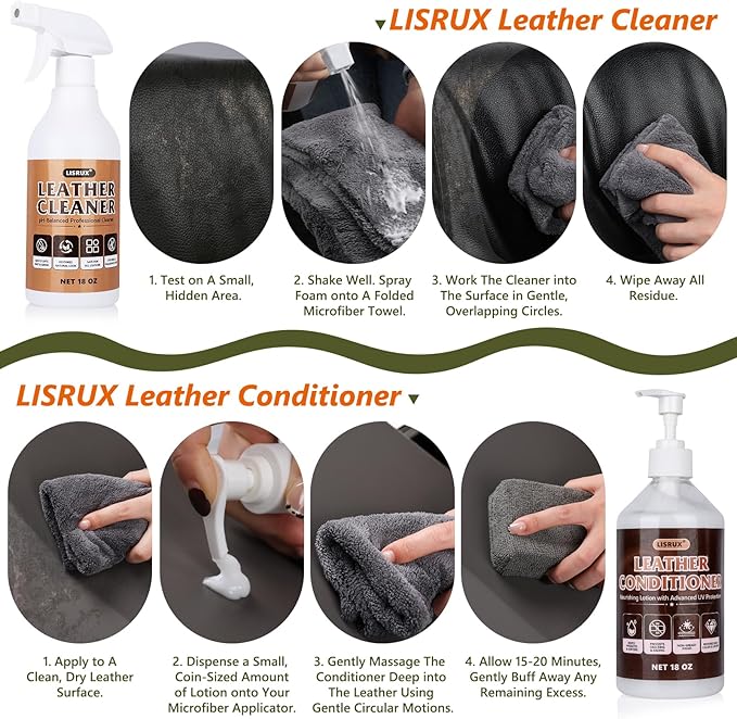 Leather Cleaner and Conditioner Kit-2×18oz, Leather Cleaner for Car Seats, Furniture, Couches, Shoes & Boots, pH-Balanced, Restores & Protects All Leather For Natural, Synthetic, Faux, Pleather