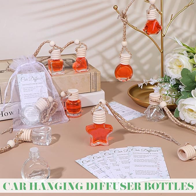 48 Sets Hanging Car Air Freshener Diffuser Bottles Bulk with Car Diffuser Instructions Car Card Empty Glass Essential Oil Diffuser Bottles Fragrance Perfume Pendant Bottle for Staff Employee