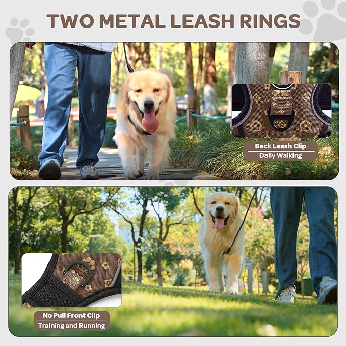 FURRYFECTION Plaid Dog Harness for Small Dogs, Reflective No Pull Adjustable Pet Vest with Front Clip, Leash, Easy Control Handle and Seat Belt, Dark Brown, S